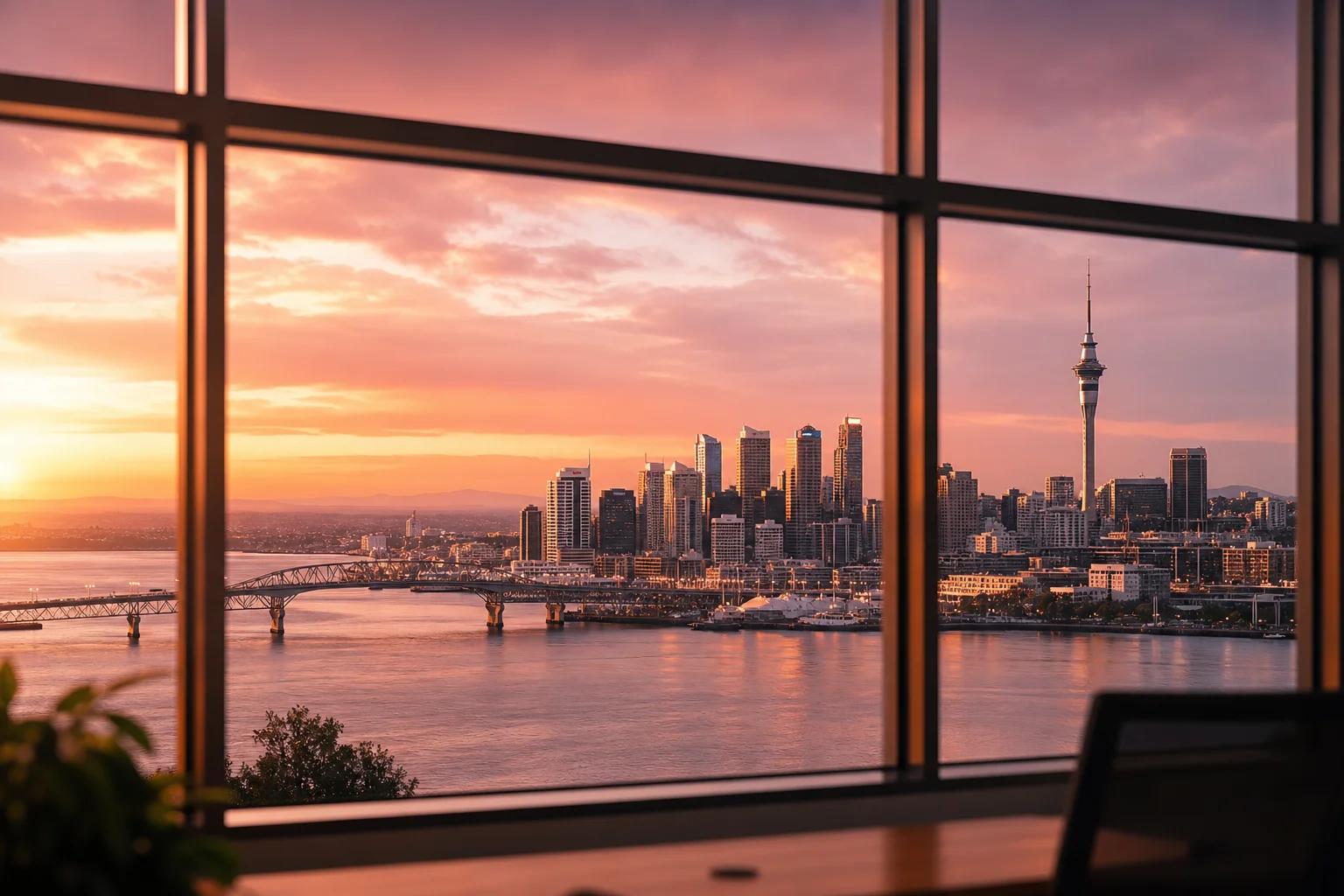 Auckland New Zealand skyline at golden hour