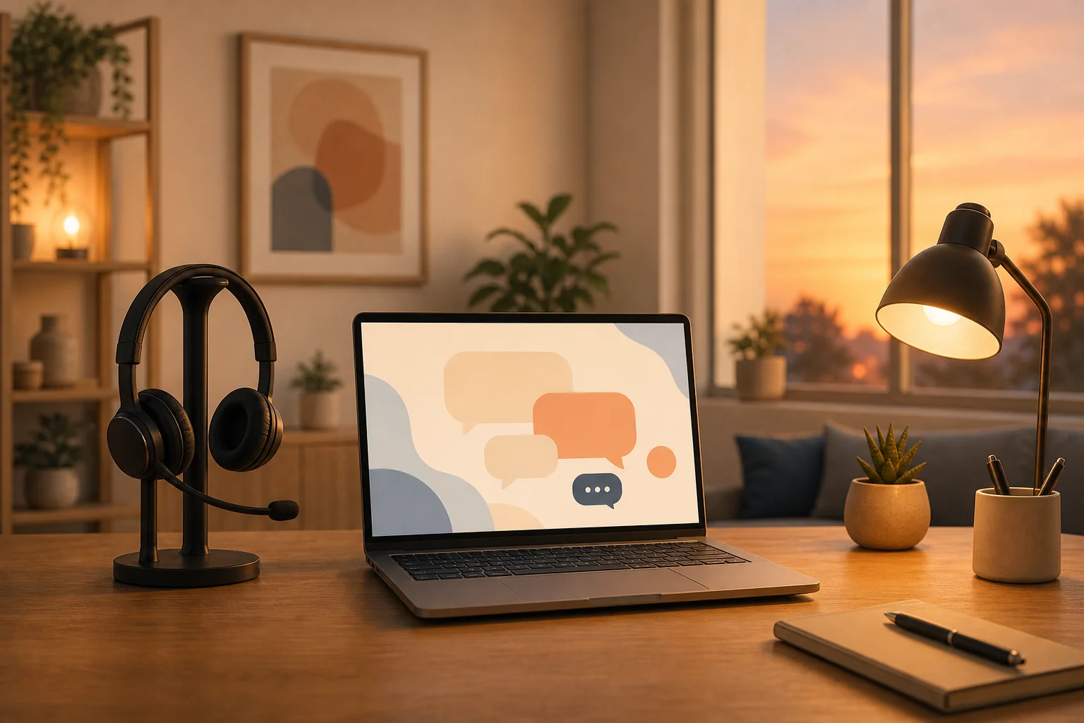Friendly customer support help desk with warm sunset lighting
