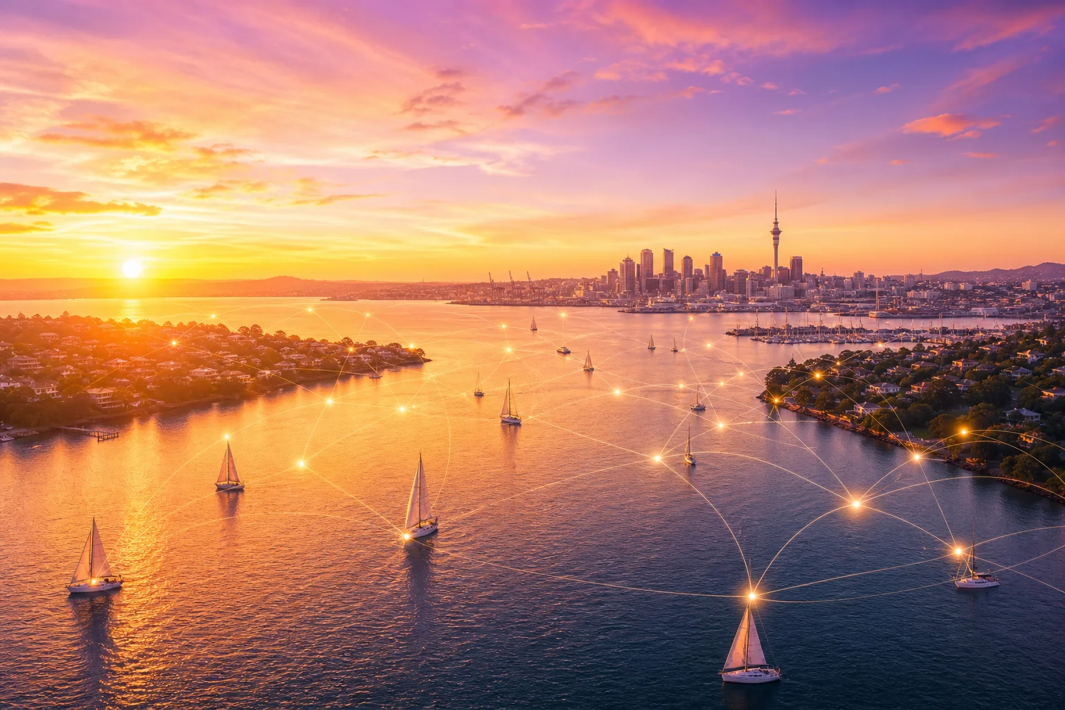 Auckland harbour at sunset representing NZ player community